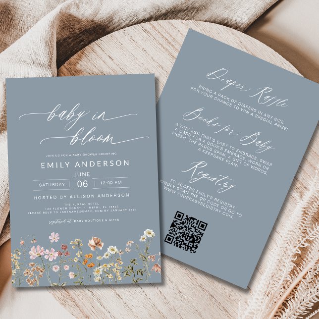 Invitation Dusty Bleu QR Code Fleur sauvage Baby in Bloom (Créateur téléchargé)