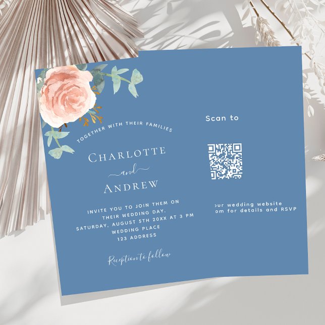 Invitation Dusty bleu rose or luxe QR RSVP mariage (Créateur téléchargé)