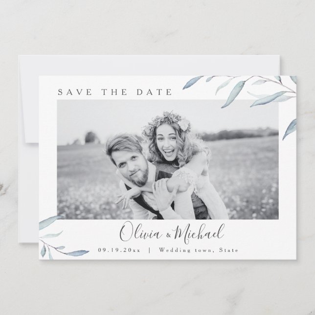Invitation Dusty bleu verdure photo mariage enregistrer la da (Devant)