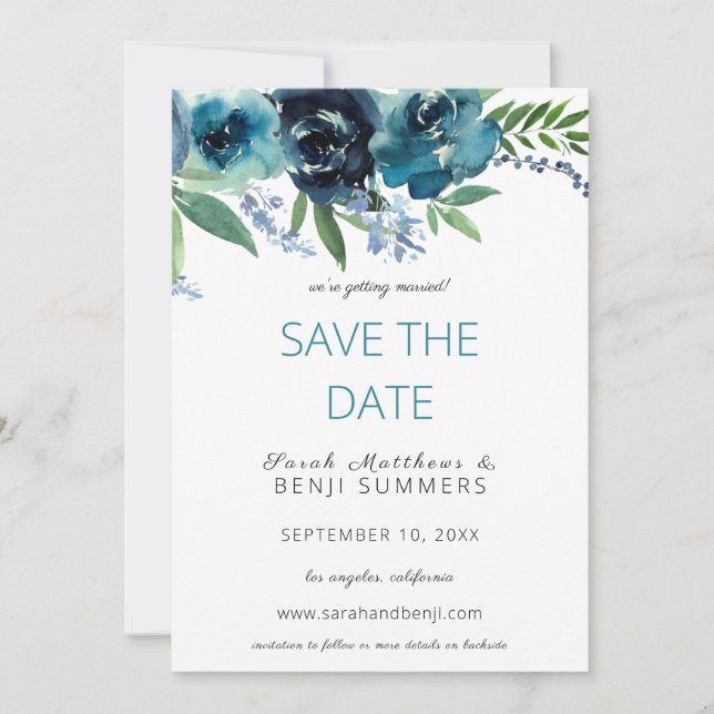 Invitation Dusty Blue 2 Floral Save / Changer la date 3 Grand (Devant)