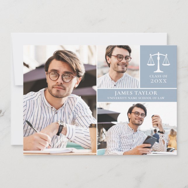 Invitation Dusty Blue 3 Photo Law School Graduation Party Inv (Devant)