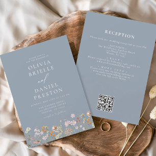 Invitation Dusty Blue All in One Fleur sauvage QR Code Mariag