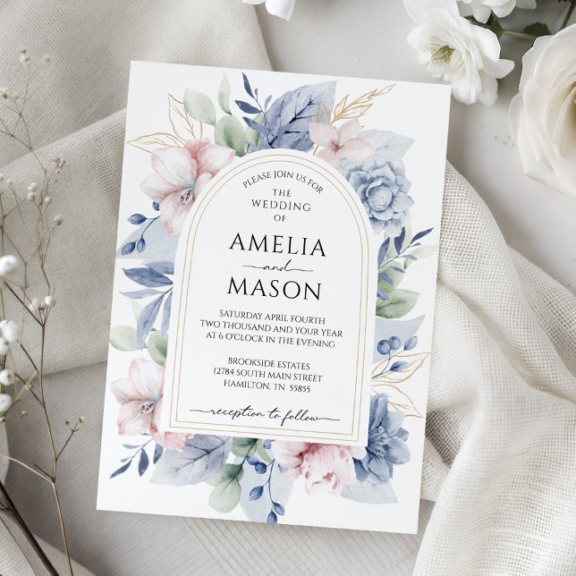 Invitation Dusty Blue and Blush Pink Floral Arch Wedding (Dusty Blue and Blush Pink Floral Arch Wedding Invitation)