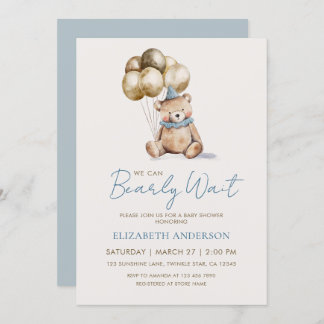 Invitation Dusty Blue and Gold Bearly Wait Bear Baby Shower