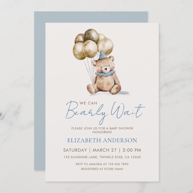 Invitation Dusty Blue and Gold Bearly Wait Bear Baby Shower (Devant / Derrière)