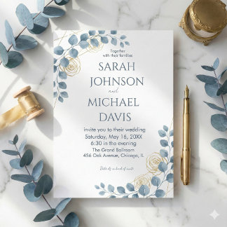 Invitation Dusty Blue and Gold Floral wedding