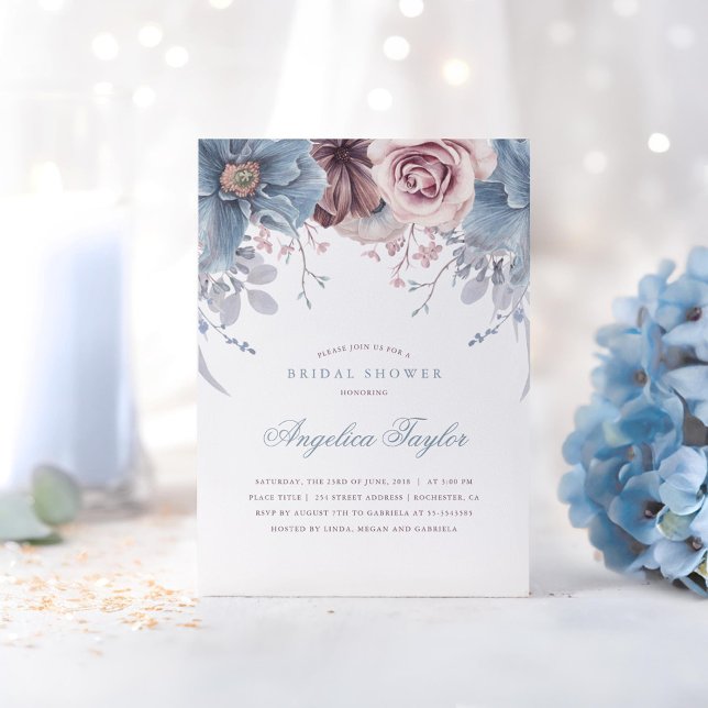 Invitation Dusty Blue and Mauve Floral Bridal Shower (Dusty Blue and Mauve Floral Bridal Shower)