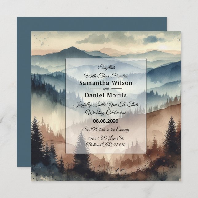 Invitation Dusty Blue and Mocha Brown Mountains Wedding (Devant / Derrière)