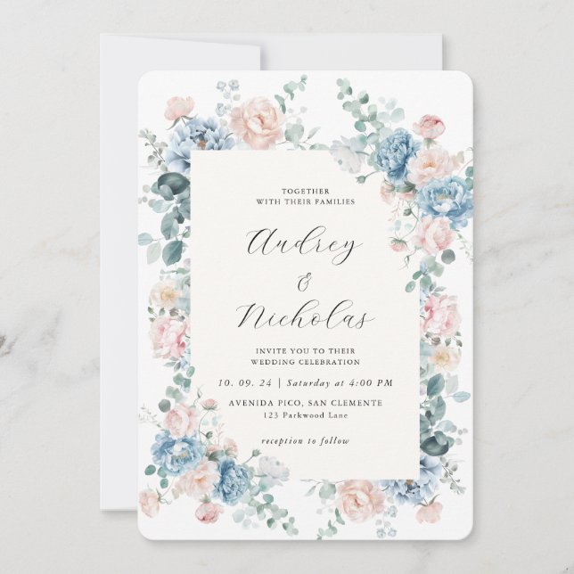 Invitation Dusty Blue and Peach Elegant Floral Wedding (Devant)