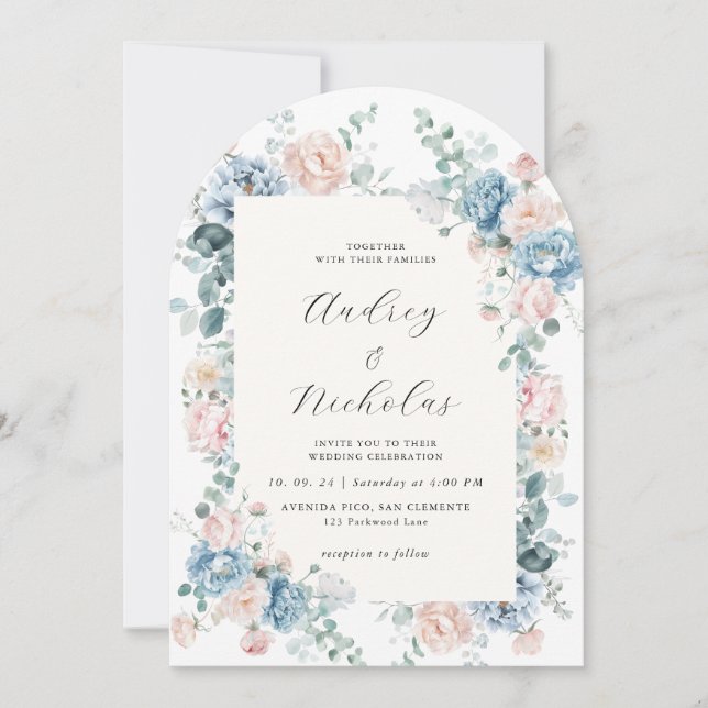 Invitation Dusty Blue and Peach Elegant Floral Wedding Arch (Devant)