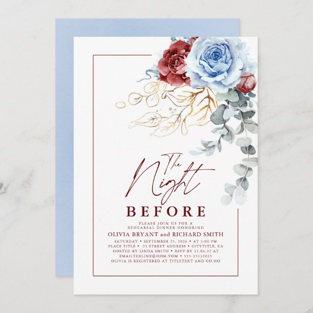 Invitation Dusty Blue and Red Floral Rehearsal Dinner (Devant / Derrière)