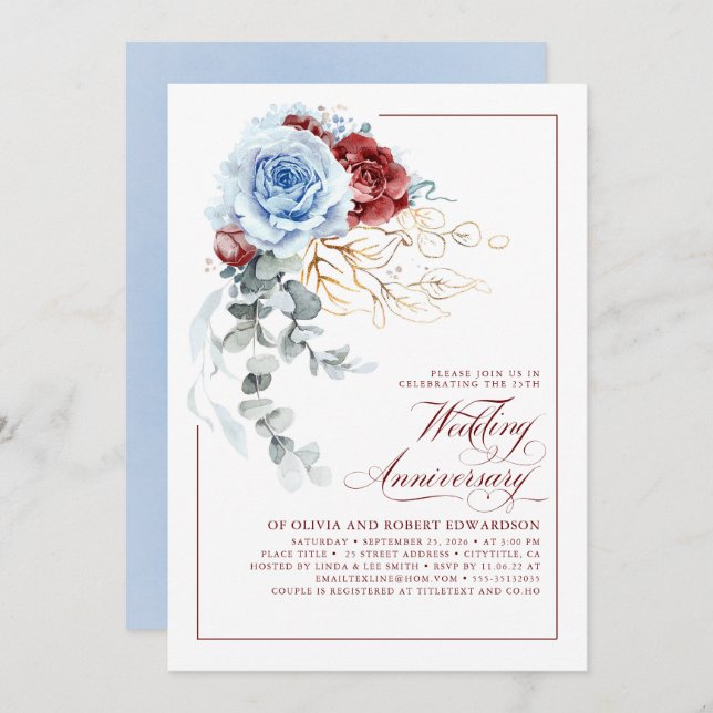 Invitation Dusty Blue and Red Floral Wedding Anniversary (Devant / Derrière)