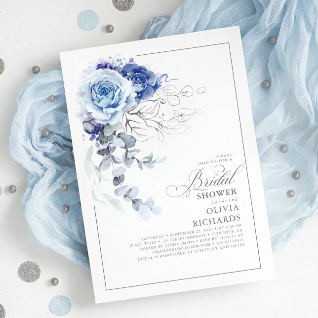 Invitation Dusty Blue and Silver Floral Botanic Bridal Shower (Dusty Blue and Silver Botanical Floral Elegant Bridal Shower Invitation)