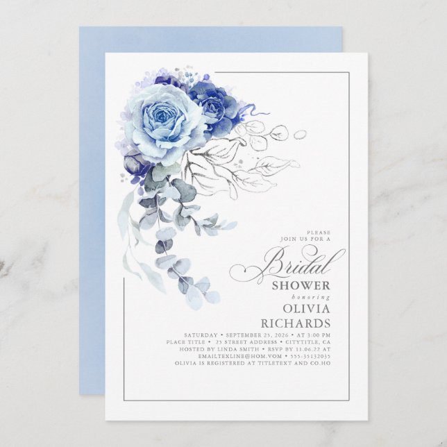 Invitation Dusty Blue and Silver Floral Botanic Bridal Shower (Devant / Derrière)