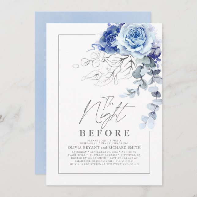 Invitation Dusty Blue and Silver Floral Rehearsal Dinner (Devant / Derrière)