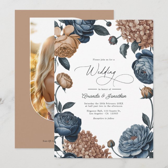 Invitation Dusty Blue and Taupe Watercolor Floral Wedding (Devant / Derrière)