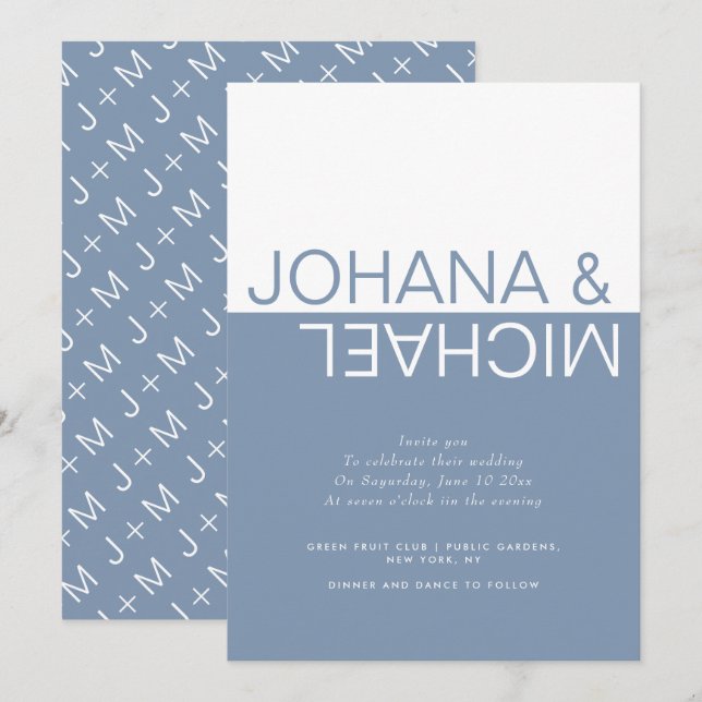 Invitation Dusty blue and white colorblock whimsical wedding  (Devant / Derrière)