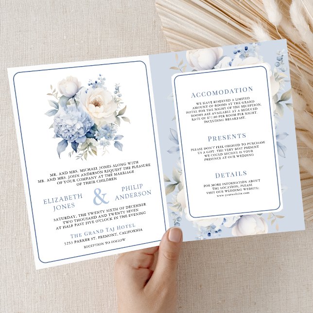 Invitation Dusty Blue and White Floral All in One Wedding (Créateur téléchargé)