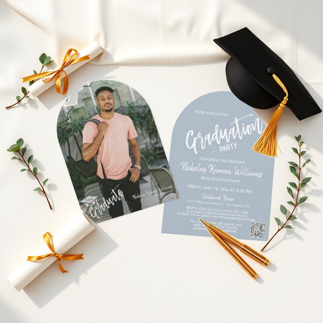 Invitation Dusty Blue Arch Photo Graduation Party QR Code (Créateur téléchargé)