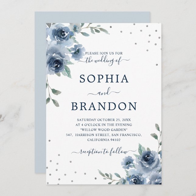 Invitation Dusty Blue Ardoise Floral Botanique Chic Mariage (Devant / Derrière)