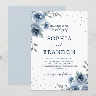 Invitation Dusty Blue Ardoise Floral Botanique Chic Mariage