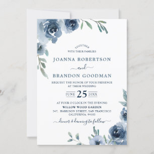 Invitation Dusty Blue Ardoise Floral Botanique Chic Mariage