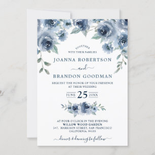 Invitation Dusty Blue Ardoise Floral Botanique Chic Mariage