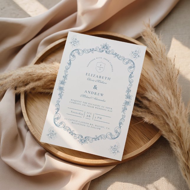 Invitation Dusty Blue Baroque Line Art Wedding (Créateur téléchargé)