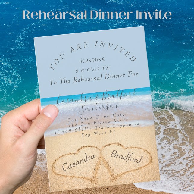 Invitation Dusty Blue Beach 2 Coeurs Dîner de répétition de s (Créateur téléchargé)