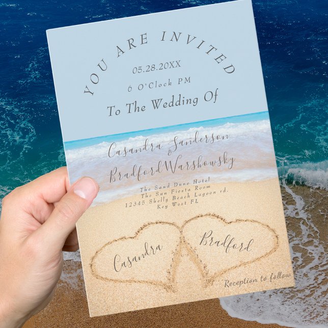 Invitation Dusty Blue Beach Wedding 2 Coeurs Mariage de sable (Créateur téléchargé)