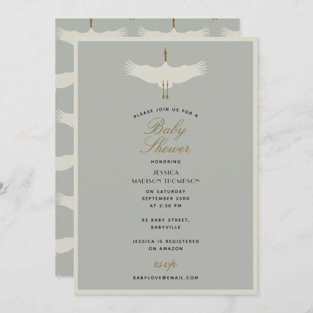 Invitation Dusty Blue Birds Swans Baby shower Art Déco (Devant / Derrière)