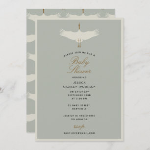 Invitation Dusty Blue Birds Swans Baby shower Art Déco