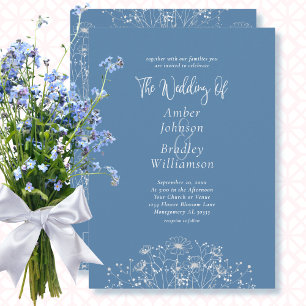 Invitation Dusty Blue Blanc Floral QR Code Mariage élégant