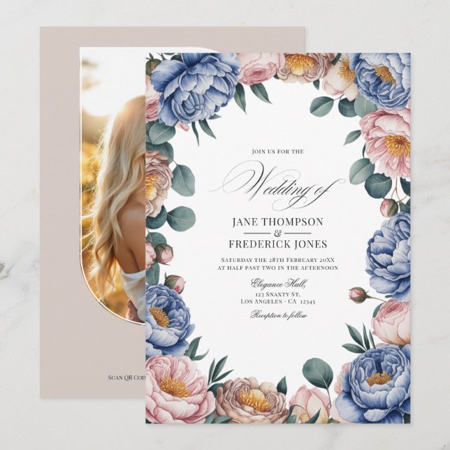 Invitation Dusty Blue, Blush, and Warm Taupe Floral Wedding (Devant / Derrière)