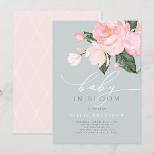 Invitation Dusty Blue Blush Floral Girl Baby in Bloom Douche