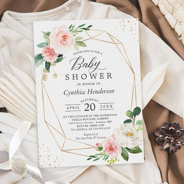 Invitation Dusty Blue Blush Floral Gold Baby shower géométriq (Créateur téléchargé)