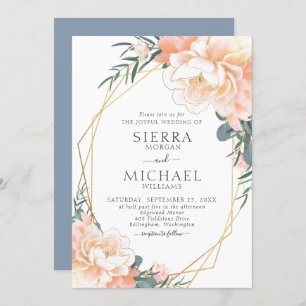 Invitation Dusty Blue Blush Gold Peach Floral Mariage