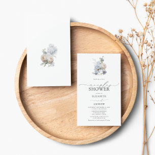 Invitation Dusty Blue Blush rose Floral Photo Couples Douche