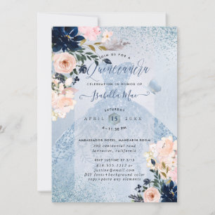 Invitation Dusty Blue+Blush Rose Parties scintillant Gown Qui