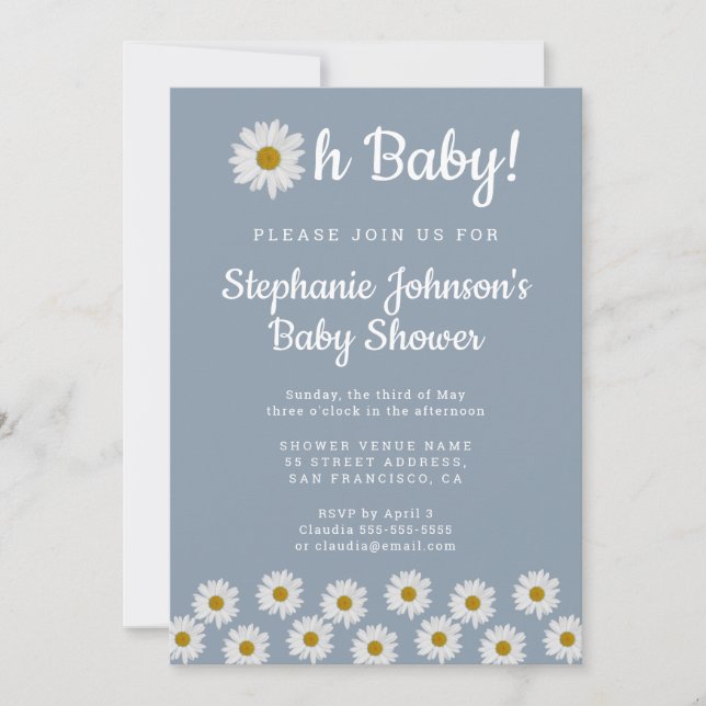 Invitation Dusty Blue Bohemian Daisies Oh Baby Baby shower (Devant)