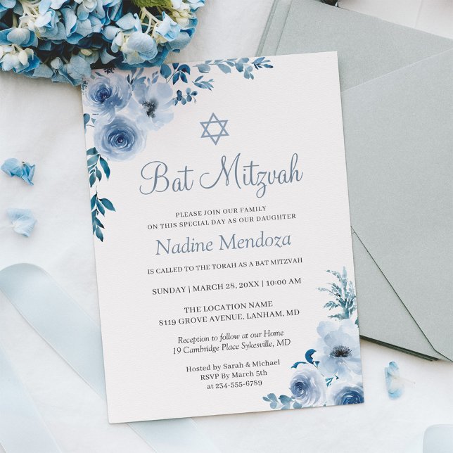 Invitation Dusty Blue Bohemian Floral Bat mitzvah (Créateur téléchargé)