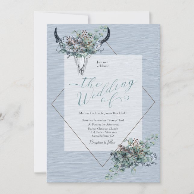 Invitation Dusty Blue Boho Cow Crâne Floral Aquarelle (Devant)