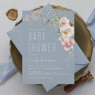 Invitation Dusty Blue Boho Fleur sauvage Baby shower élégant