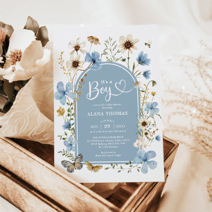 Invitation Dusty Blue Boho Fleur sauvage Baby shower garçon