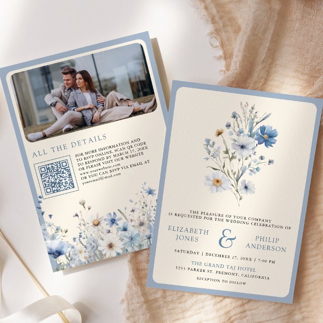 Invitation Dusty Blue Boho Fleur sauvage Photo QR Code Mariag (Créateur téléchargé)