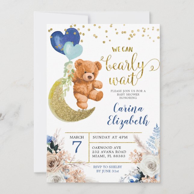 Invitation Dusty Blue Boho Floral Bearly Wait Baby shower (Devant)