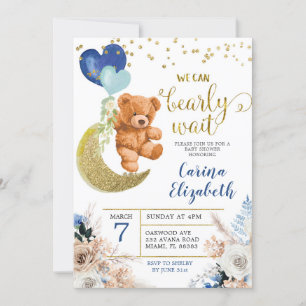 Invitation Dusty Blue Boho Floral Bearly Wait Baby shower