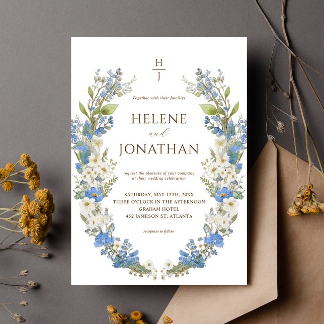 Invitation Dusty Blue Boho Garden Floral Mariage élégant (Dusty Blue Boho Garden Floral Elegant Wedding Invitation)