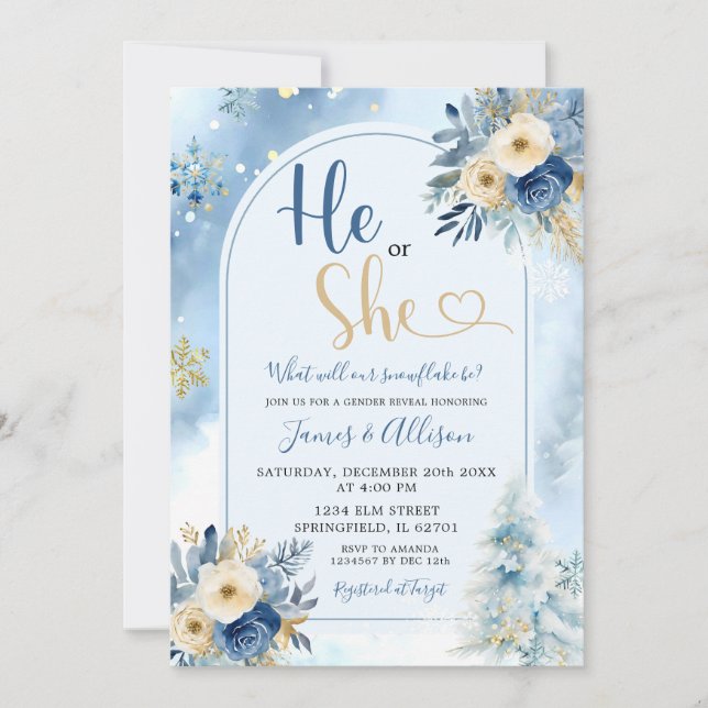 Invitation Dusty Blue Boho hiver Sexe Révéler Floral (Devant)