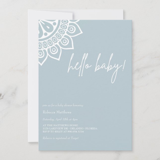 Invitation Dusty Blue | Boho minimaliste | Baby shower garçon (Devant)